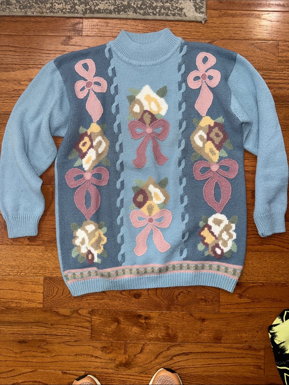 Vintage 1980s Floral Bows Mock Neck Knit Sweater